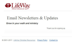 LifeWay email signup confirmation page