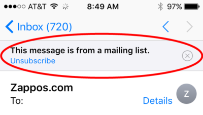 Apple's "easy unsubscribe" banner in a Zappos email